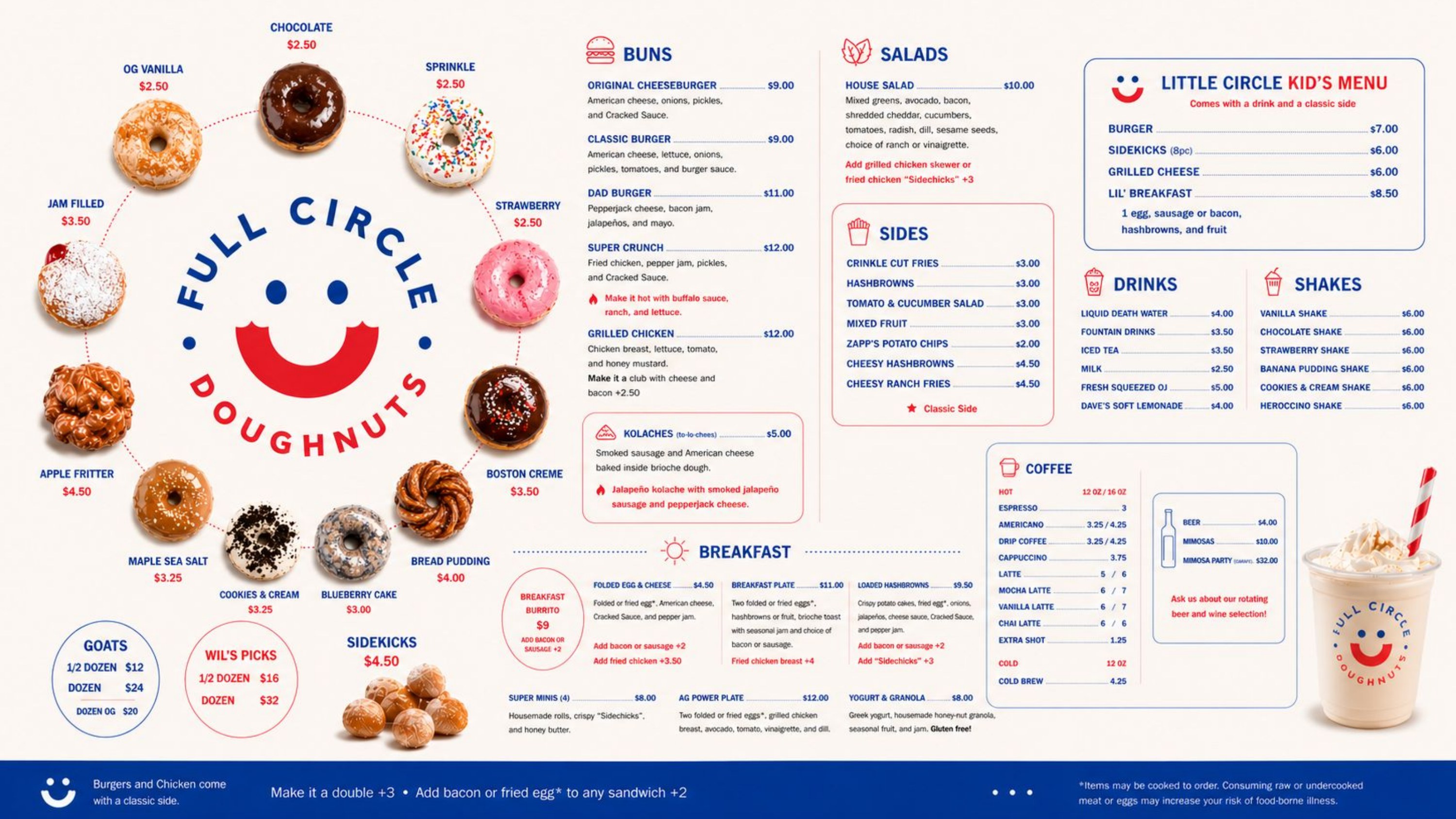 Full Circle Doughnuts in-store menu — doughnuts, buns, salads, sides, breakfast, coffee, shakes